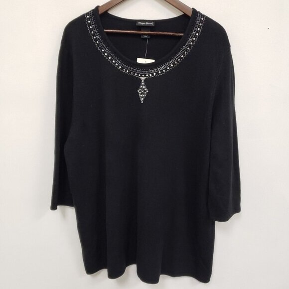 Maggie Barnes Womens 3/4 Sleeve Sequin Beaded Top Size 2X Black Mature Boho NWT - Picture 1 of 10
